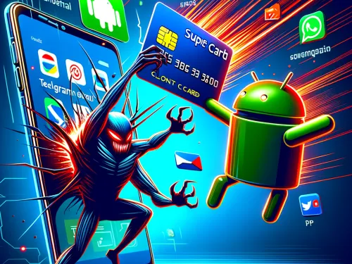 Android e monstro disputam cartão de crédito em cenário digital vibrante.