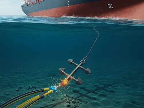 Submarino sob barco, tubos conectados ao fundo do mar.