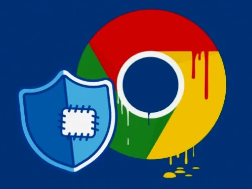 Escudo azul e logotipo colorido com tinta escorrendo.