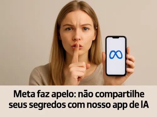 Mulher sugere silêncio enquanto segura celular com logo da Meta.